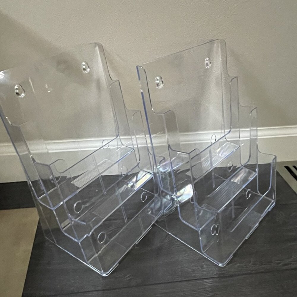 Two NEW 3 Tier Acrylic Holders for 8.5"x11" Brochures / Magazine Displays